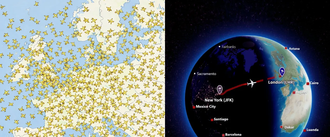 Left, a crowded tracker map covered in aircraft icons. Right, Infinite Aeroshow showing one clean route on the globe.