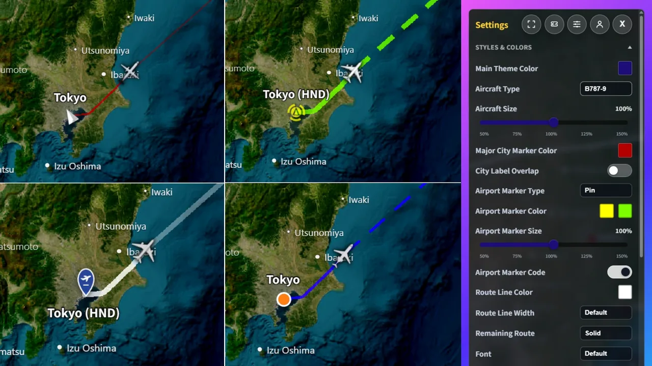 Four map styles of the same approach to Tokyo Haneda next to the customization settings