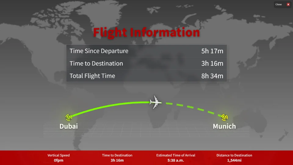 Flight information panel for Dubai to Munich showing time since departure, time to destination and total flight time