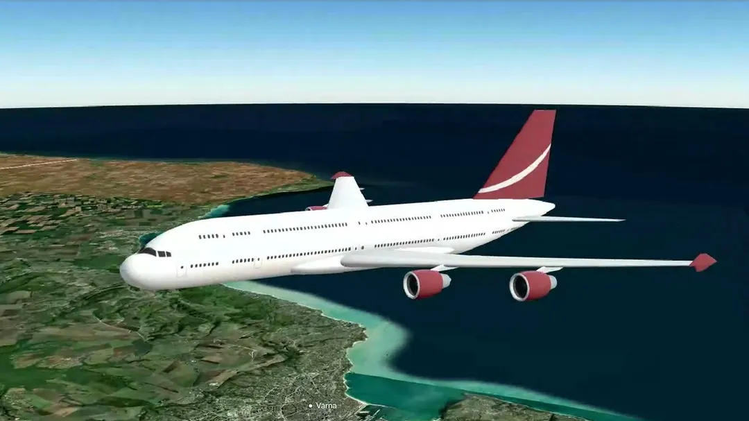 Chase view of the followed aircraft as a 3D model over the Black Sea coast on a flight from Doha to Frankfurt