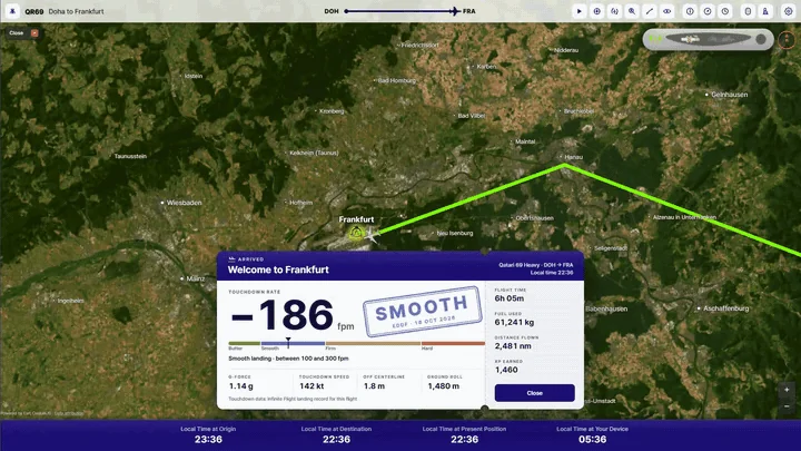 Infinite Aeroshow landing card on arrival in Frankfurt: touchdown rate −186 fpm stamped Smooth, with g-force, touchdown speed, distance off the centerline and ground roll