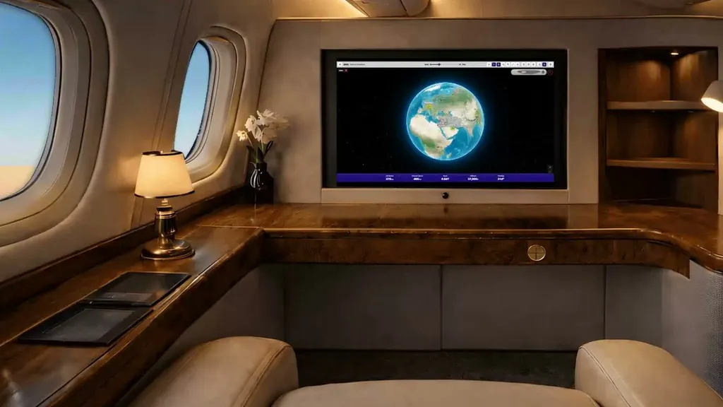 First Class suite in Infinite Aeroshow's seat view, with the live moving map on the suite screen and daylight outside the windows
