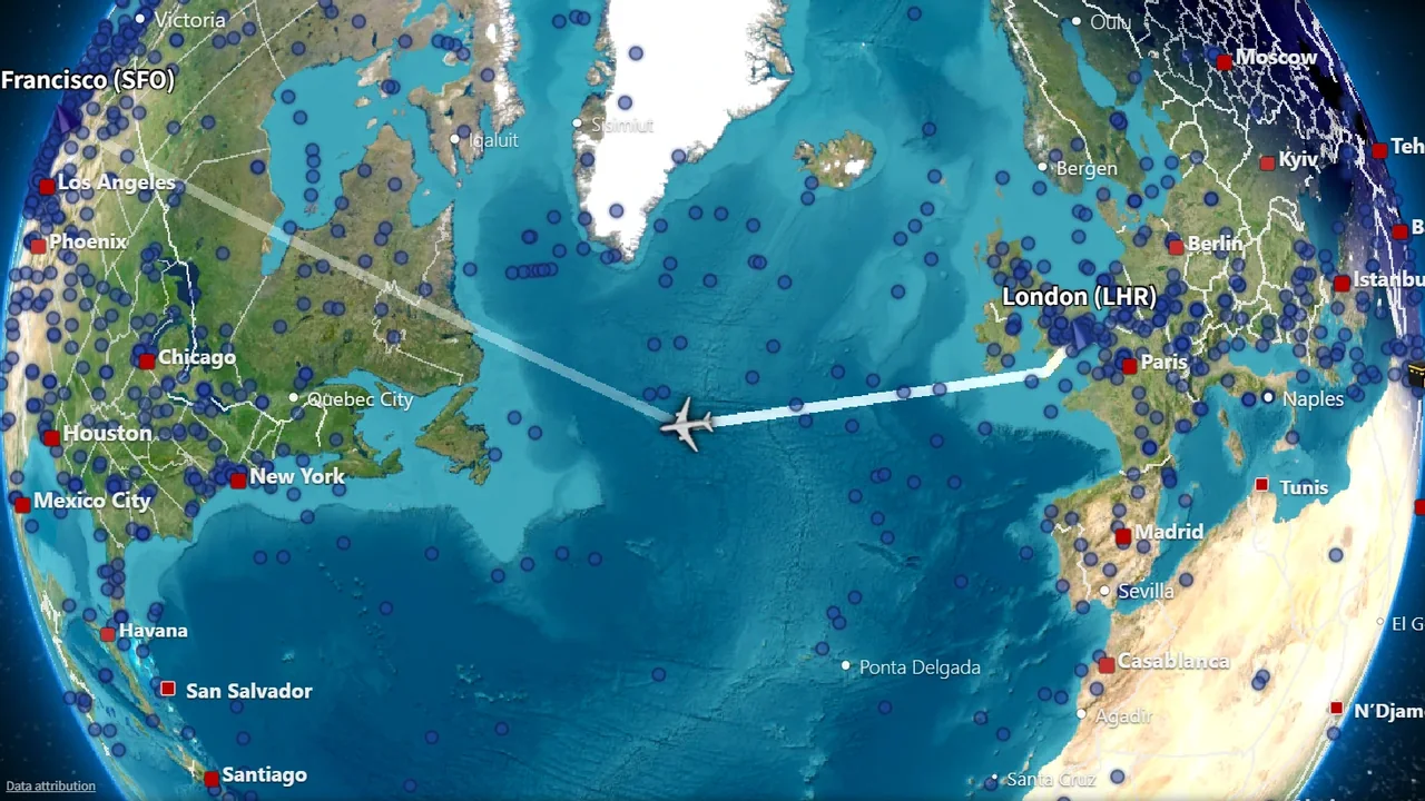 Infinite Aeroshow 3D moving map following a flight from London Heathrow to San Francisco over the North Atlantic