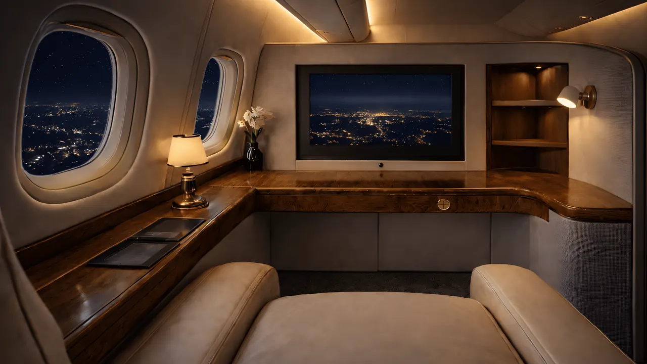 Seat view from a First Class suite at night with city lights outside the window