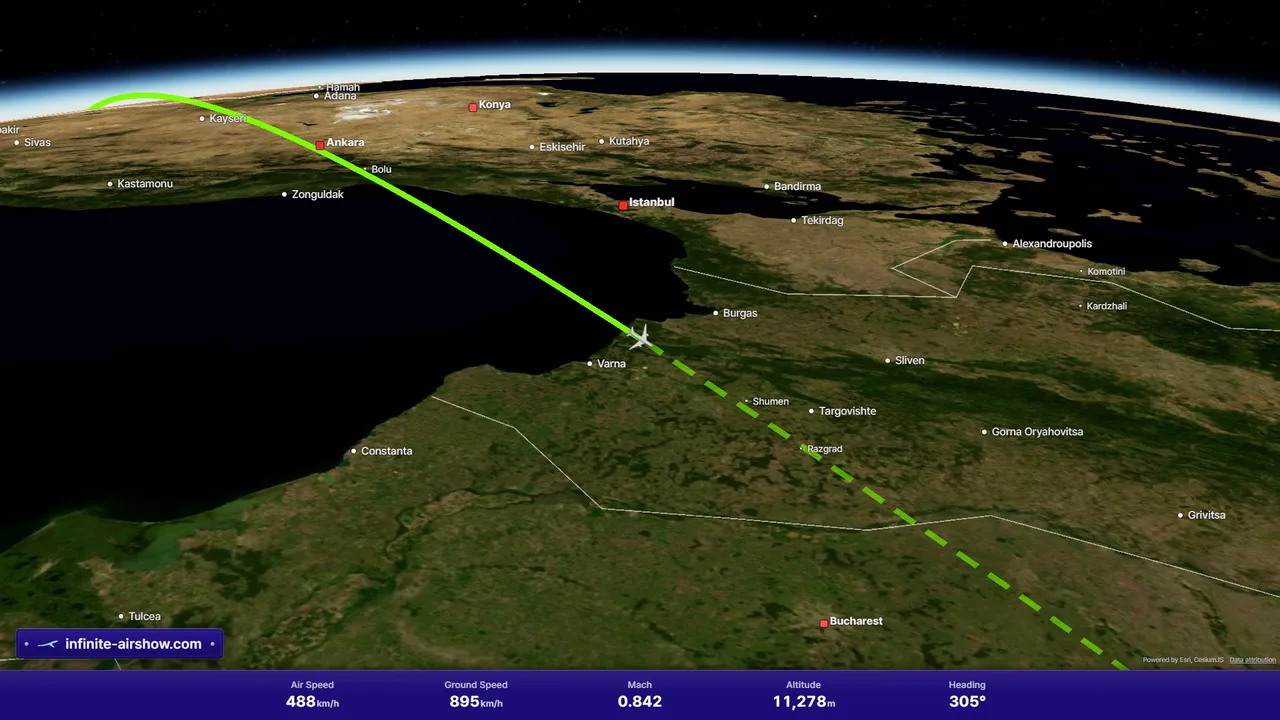 Stream overlay at 1920 by 1080: a 3D moving map following a flight over the Black Sea, the flown route, the flight information band and the infinite-airshow.com plate
