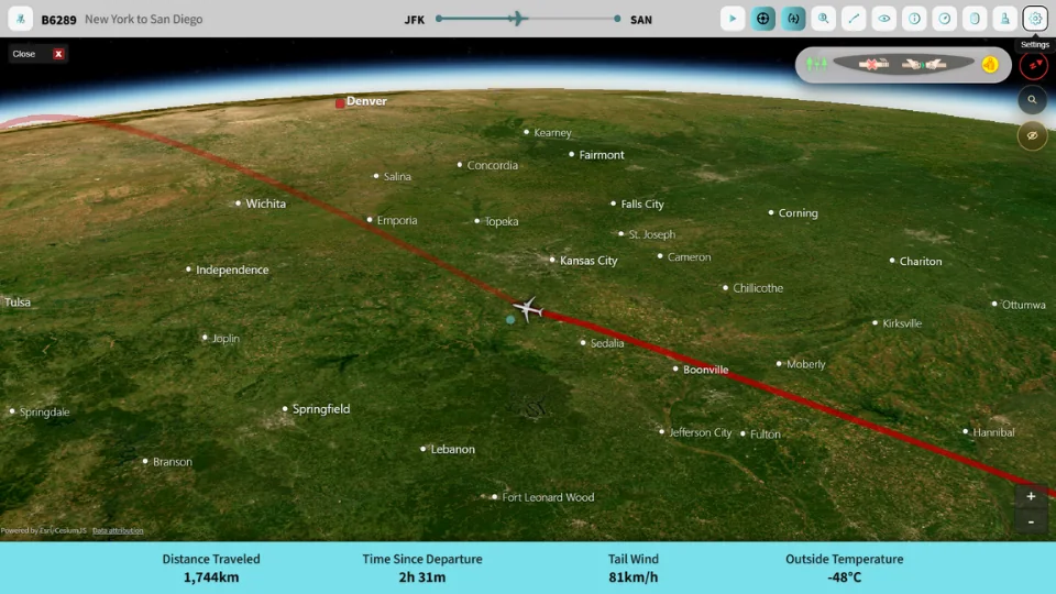 Surround view of the aircraft and its route over the curve of the Earth
